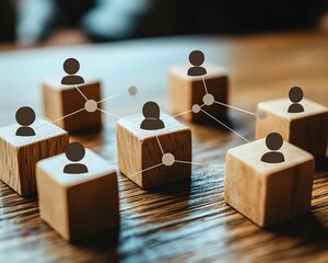 Poster - A closeup of wooden cubes with people icons, arranged on a wooden table, representing the interconnectedness and organization of a communication network