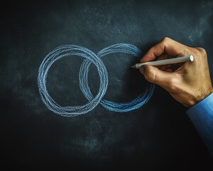 Aufkleber - A corporate strategist drawing two overlapping circles on a blackboard, symbolizing collaboration, business intersection, and idea sharing