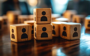 Poster - A highangle view of wooden cubes with people icons on a table, symbolizing team communication, organizational structure, and interconnected networks