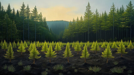 Wall Mural - vibrant scene of young pine trees being planted in a forest symbolizing sustainable growth