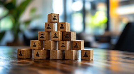 Poster - A professional workspace with wooden cubes featuring people icons on a table, symbolizing the organizational structure and communication network