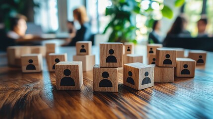 Poster - A professional workspace with wooden cubes featuring people icons on a table, symbolizing the organizational structure and communication network