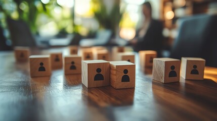 Poster - A professional workspace with wooden cubes featuring people icons on a table, symbolizing the organizational structure and communication network