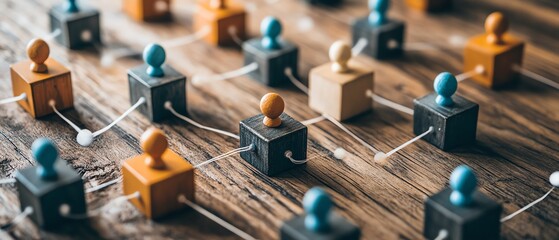 Poster - A topdown view of a wooden table with multiple cubes featuring people icons, representing a communication network and organizational connections
