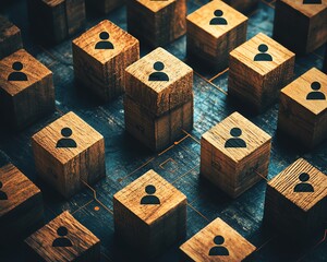 Poster - A topdown view of wooden cubes on a table, each with a person icon, representing the links in a communication network and organizational collaboration