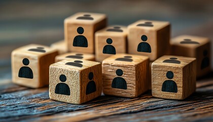 Poster - A wooden table with cubes featuring people icons, representing the design of an organizational network and the process of connecting individuals in business