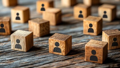 Poster - A wooden table with cubes featuring people icons, representing the design of an organizational network and the process of connecting individuals in business