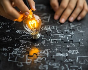 Fototapete - Closeup of hands sketching a puzzle and a bright light bulb on a blackboard, representing the combination of ideas for creative problemsolving
