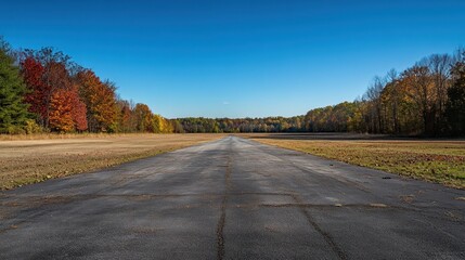 Poster - A long, desolate asphalt runway stretches into the distance, flanked by autumnal trees under a clear blue sky.