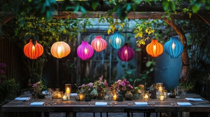 Wall Mural - Hanging lanterns in vibrant hues illuminating a rustic table, evoking warmth and celebration.