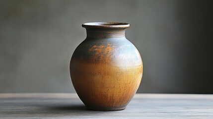 Poster - A rustic, brown ceramic vase sits on a wooden table against a muted grey background.