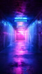 Poster - Neon lights illuminate a futuristic corridor with concrete walls