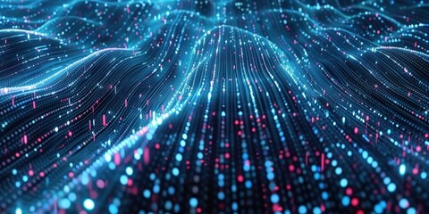Poster - A vibrant digital landscape featuring flowing streams of blue and pink light particles, creating a wave-like effect.