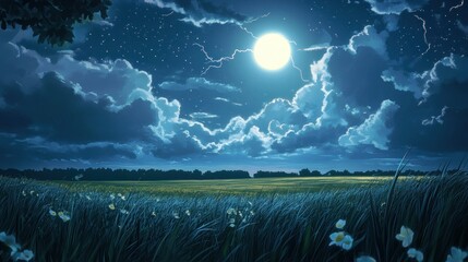 Aufkleber - A serene night scene featuring a bright moon, clouds, and a grassy field under a starry sky.