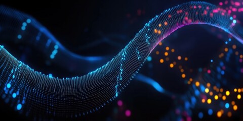 Fototapete - A vibrant, abstract representation of flowing data particles illuminated by colorful lights against a dark background, symbolizing technology and connectivity.