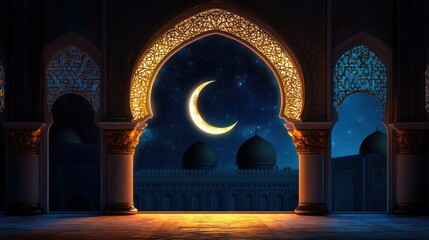 Aufkleber - A serene night scene featuring a crescent moon viewed through an ornate archway.