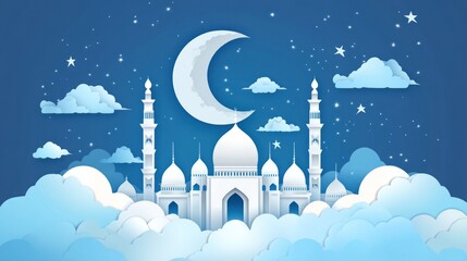 Poster - A serene night scene featuring a mosque with a crescent moon and stars amidst clouds.