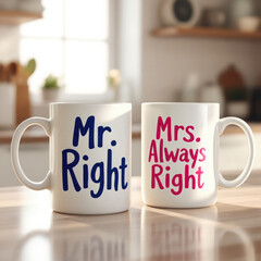 Poster - Two mugs with printed text Mr right and Mrs always right Funny phrase about couples life printed on mugs