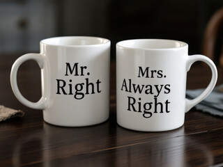 Poster - Two mugs with printed text Mr right and Mrs always right Funny phrase about couples life printed on mugs