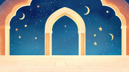 Poster - A serene night scene with arches, stars, and moons against a deep blue background.