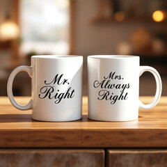 Aufkleber - Two mugs with printed text Mr right and Mrs always right Funny phrase about couples life printed on mugs