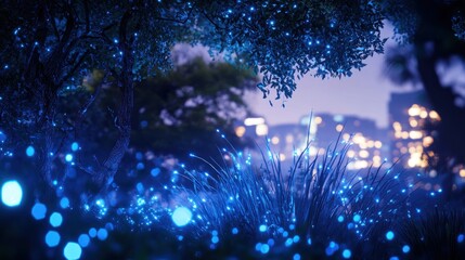 Poster - A serene night scene with glowing blue lights amidst trees and grass, suggesting magic.