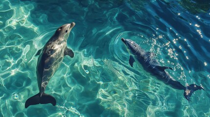 Poster - Seal floats lazily near a dolphin slicing through the sunlit azure waters, creating ripples that glisten like diamonds