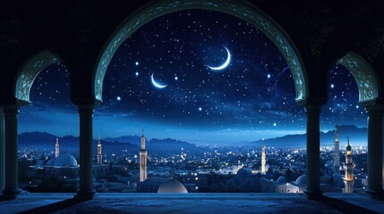 Aufkleber - A serene night view of a cityscape under a starry sky with crescent moons.