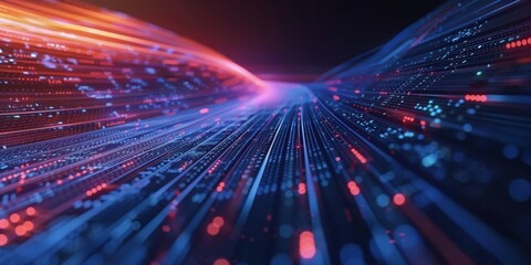 Fototapete - A vibrant display of flowing data streams in blue and red hues, illustrating the dynamic nature of technology and digital communication.
