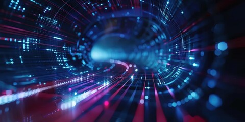 Poster - A vibrant, abstract representation of a digital tunnel, showcasing glowing lights and lines that create a sense of depth and movement.