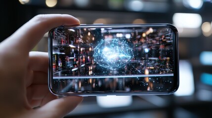 Poster - A hand holds a smartphone displaying a digital, futuristic interface with abstract visuals and glowing elements, set against a blurred background of screens.