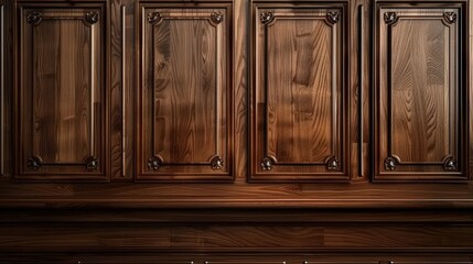 Poster - A close-up view of a rich, wooden paneling with detailed carvings, showcasing a classic and elegant design.
