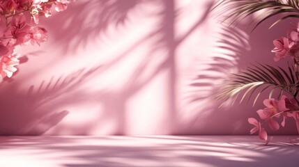 Poster - A serene pink backdrop with floral elements and soft shadows, ideal for aesthetic presentations.