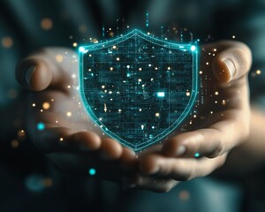 Poster - Professional holding shield icon, securing personal information, network security concept with data encryption and secure connections