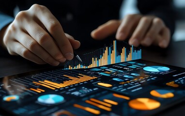 Poster - Business person analyzing finance with tablet, visualizing business data network and financial graphs, sleek and techfocused office
