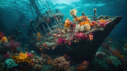 Canvas Print - The skeletal remains of a shipwreck cloaked in vivid corals, a story of beauty arising from decay