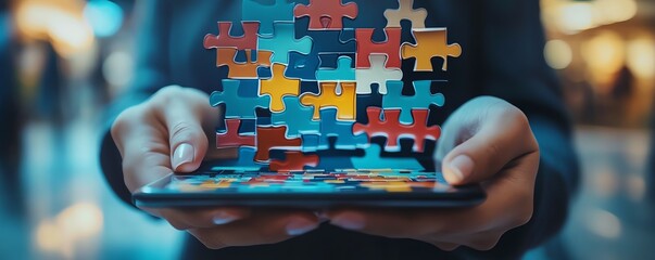 Poster - Business professional solving a jigsaw puzzle on a smartphone screen, showcasing the power of online business solutions