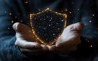 Poster - Businessperson holding shield icon, protecting personal information, network security concept, digital protection, secure data environment