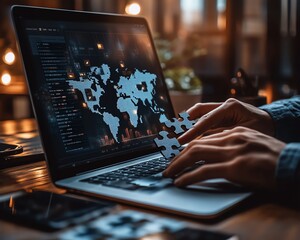 Aufkleber - Entrepreneur placing digital jigsaw puzzle pieces together on a laptop screen, illustrating finding business solutions online