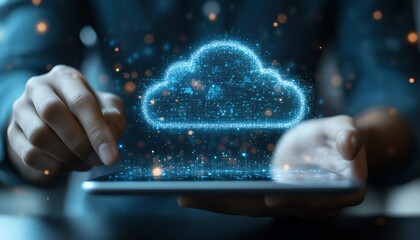 Poster - Entrepreneur touching cloud app on tablet, cloud computing for business, digital transformation, technology solution in workspace