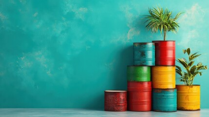 Sticker - Urban artistry shines through with a vibrant stack of colorful oil drums against a turquoise wall, highlighting industrial design with a contemporary edge.