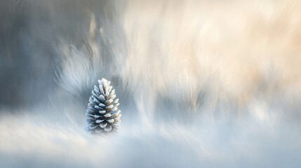 Poster - A single, frost-covered pinecone rests in a softly blurred, snowy landscape, bathed in soft, warm light.