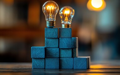 Poster - Professional business management teamwork stacked blue blocks lightbulb icons wood table innovation strategy leadership