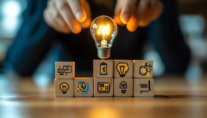 Poster - Strategy development teamwork lightbulb blue blocks icons wood table business collaboration professional planning
