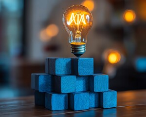 Poster - Teamwork business strategy lightbulb icons stacked blue blocks wood desk collaboration leadership innovation concept