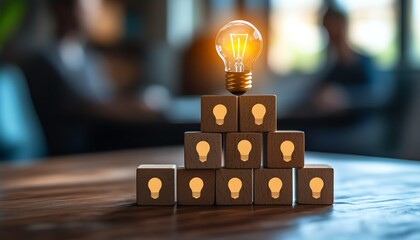 Poster - Teamwork strategy management business lightbulb stacked blue blocks person icons wooden desk professional collaboration