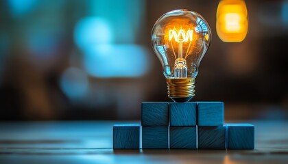 Poster - Business management teamwork stacked blue blocks icons lightbulb wooden table innovation strategy collaboration