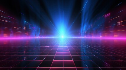 Poster - A vibrant, futuristic scene with glowing blue and pink lights emanating from a central point, creating a sense of depth and motion.