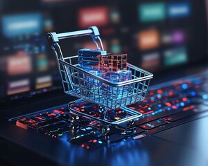 Poster - Ecommerce rush orders receiving top view laptop blue shopping cart icons digital commerce growth