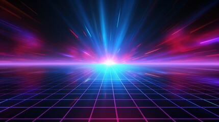 Poster - A vibrant, futuristic digital landscape with glowing lines, radiating light effects, and a grid pattern creating a sense of depth and motion.